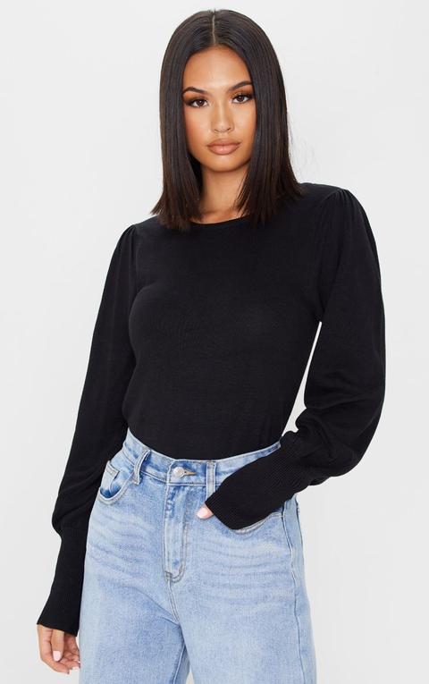 Pull Tricoté Noir À Manches Bouffantes, Noir