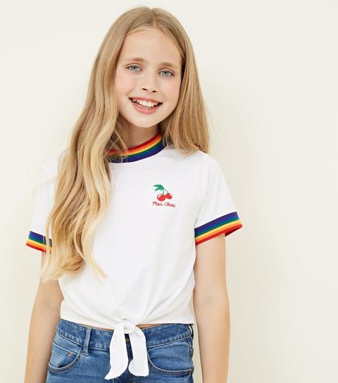 Girls White Rainbow Trim Cherry Slogan 