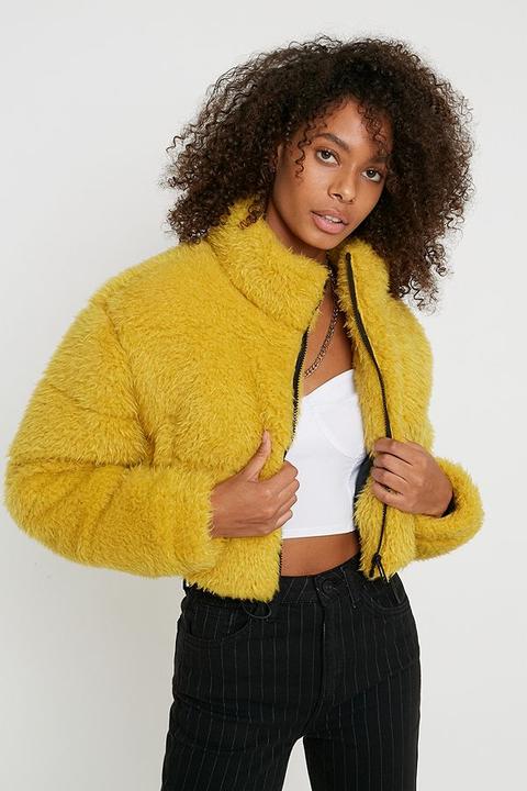 Uo Faux Fur Crop Puffer Jacket - Yellow Xs At Urban Outfitters