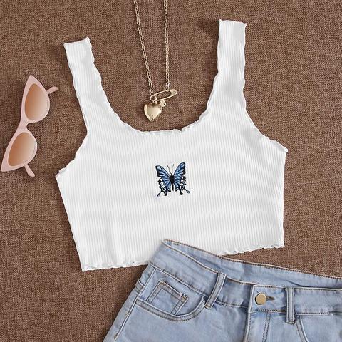 Butterfly Embroidery Lettuce Trim Tank Top