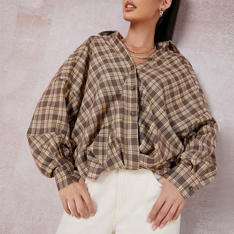 Plaid Drop Shoulder Twist-front Shirt