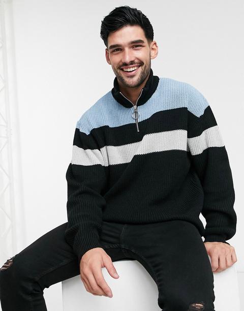 Asos Design Knitted Ribbed Half Zip Jumper With Colour Block Chest Stripes-black