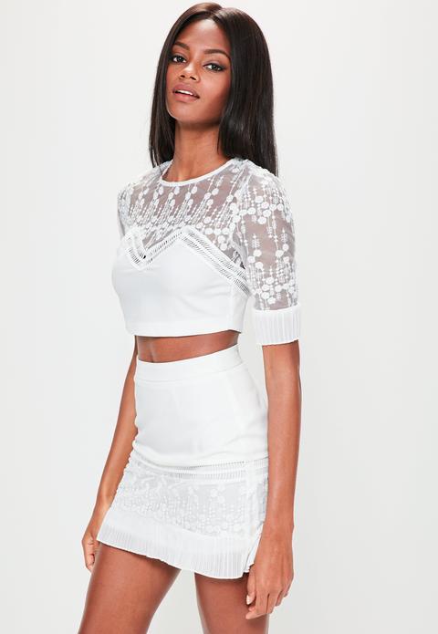 White Mesh Embroidered Pleated Cuff Crop Top