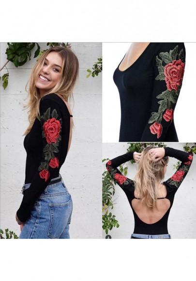 Black Floral Backless Embroidery Cut Out Short Jumpsuit