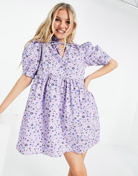 Influence High Neck Printed Cotton Mini Smock Dress In Floral Print-blue