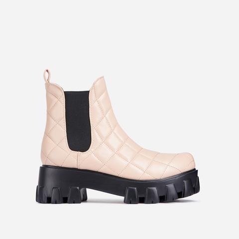 Rise-up Quilted Chunky Sole Ankle Biker Boot In Nude Faux Leather, Nude