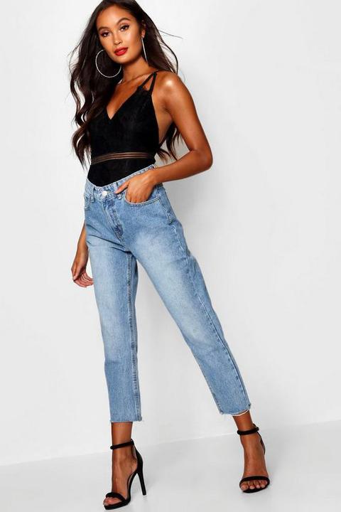 High Waist Raw Hem Mom Jeans