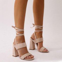 Bailey Lace Up Block Heels In Nude Faux Suede