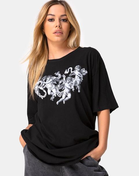 Sunny Kiss Tee In Black With Cherub