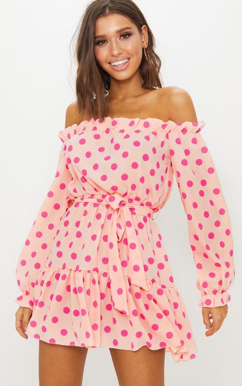 Dusty Pink Polka Dot Bardot Tie Waist Shift Dress