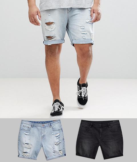 Shorts Vaqueros De Corte Slim En Negro Desgastado Con Lavado Claro Y Rotos De Asos Plus