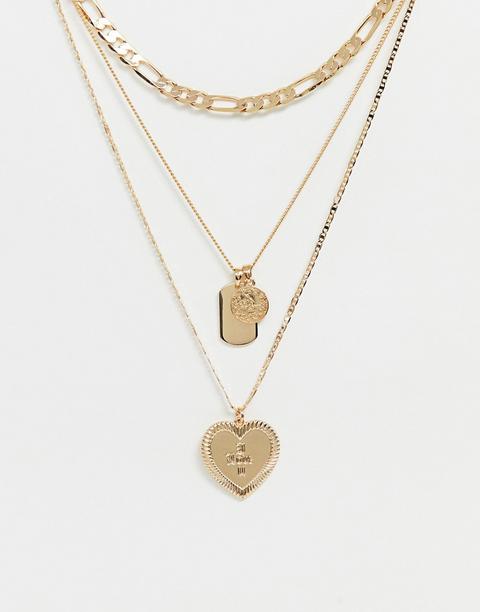 Asos Design Multirow Necklace With Vintage Style Tag And Engraved 'i Love You' Heart Pendants In Gold Tone