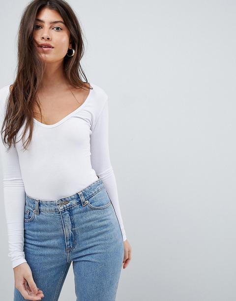 Boohoo - Body Basic Bianco A Maniche Lunghe Con Scollo A V - Bianco