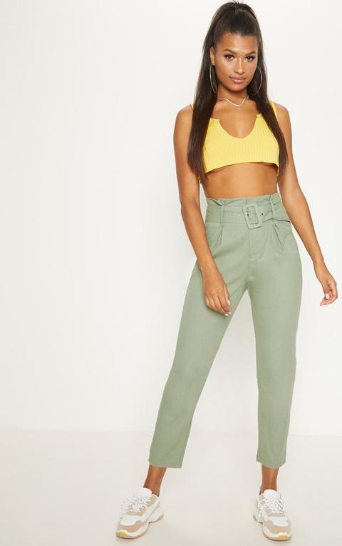 Pantalon Fuselé Froncé Vert Sauge À Ceinture, Vert Sauge