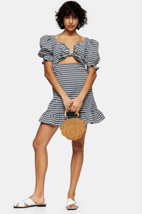 Navy Gingham Tie Front Mini Dress