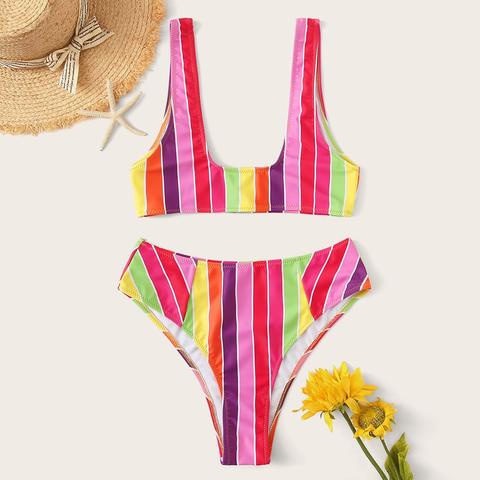 Set De Bikini De Cuello Escote U Profundo De Rayas De Pierna Alta