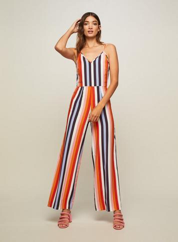 Womens Rainbow Striped Wide Leg Jumpsuit, Assorted