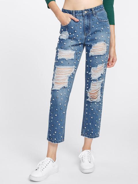 Pantaloni Di Jeans Con Perle Sintetiche