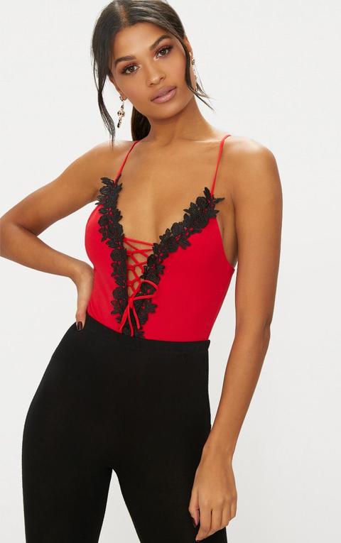 Red Crochet Lace Lace Up Detail Thong Bodysuit