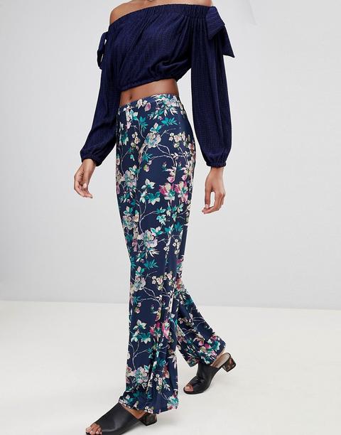 Love - Pantaloni A Fiori Con Fondo Ampio - Navy