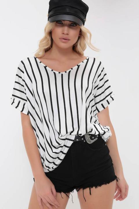 White / Black Stripe Basic V-neck Oversized T-shirt