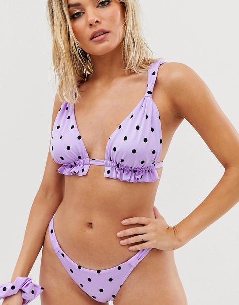 Asos Design Tab Bikini Bottom In Lilac Polka Dot Print-multi