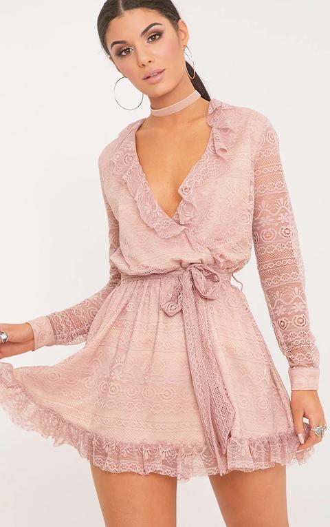 Kamini Dusty Pink Lace Frill Wrap Over Shift Dress, Dusty Pink