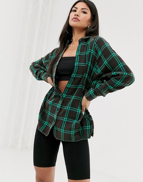 Asos Design Long Sleeve Boyfriend Shirt In Charcoal And Green Check-multi