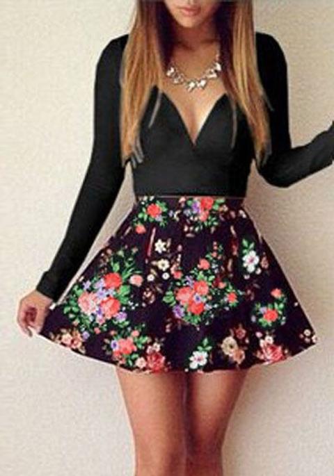 Black Floral Ruffle Zipper Plunging Neckline Mini Dress