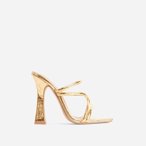 Wonder Strappy Detail Square Toe Flared Block Heel Mule In Gold Croc Print Faux Leather