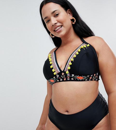 Top De Bikini Escotado Negro Con Detalle De Pompones De River Island Plus