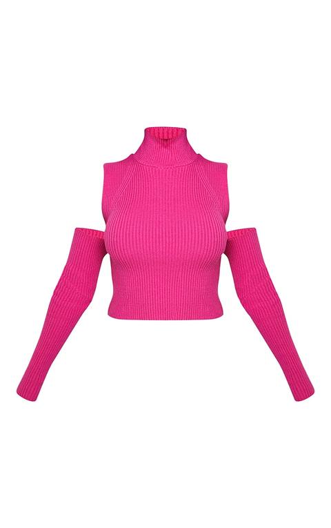 Hot Pink Ribbed Turtle Neck Cut Out Sleeve Crop Jumper