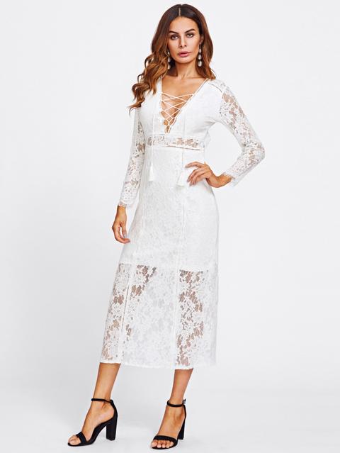 Tassel Tie V Neck Lace Maxi Dress