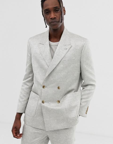 Asos Design Boxy Double Breasted Suit Jacket In Silver Jacquard