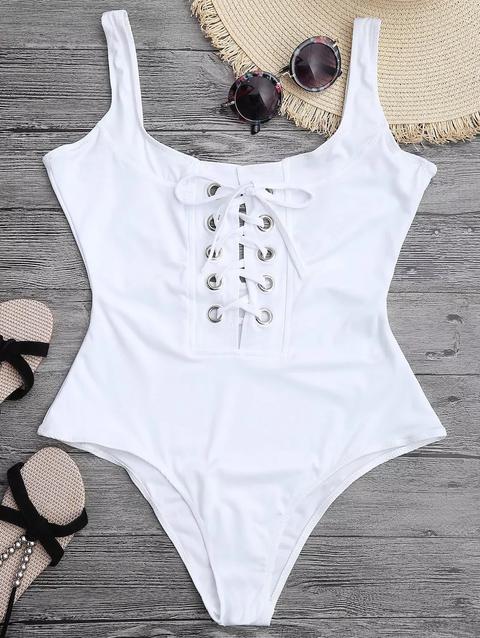 Solid Color Lace-up One-piece Swimwear