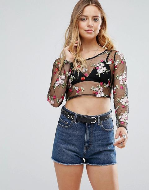 Top De Manga Larga Transparente Con Delicado Bordado Floral De Glamorous