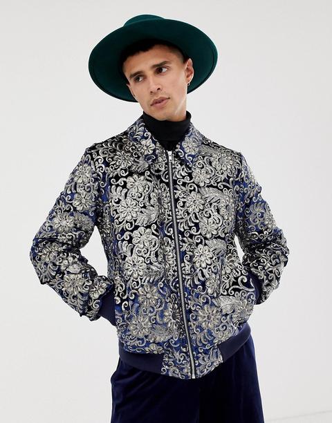Asos Edition Bomber Jacket With Sequin Jacquard In Navy