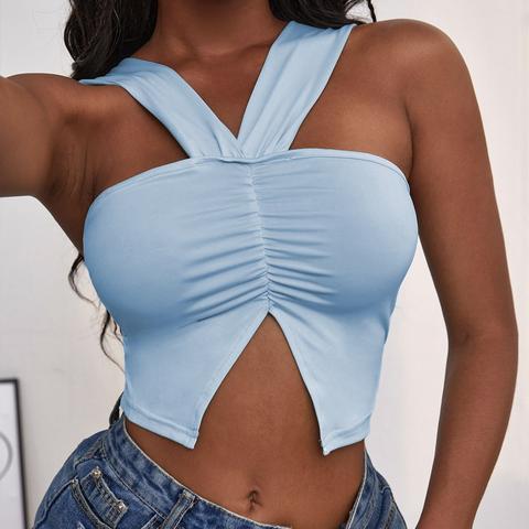 Halterneck Ruched Front Slit Hem Crop Top