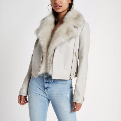 Stone Faux Fur Trim Biker Jacket