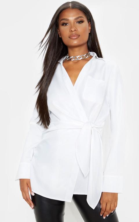 White Woven Tie Front Long Shirt, White