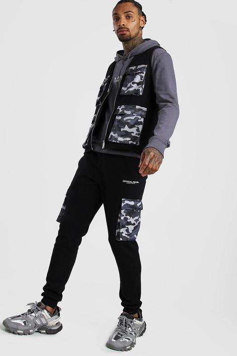 Mens Black Man Utility Vest & Jogger Set With Camo Pockets, Black