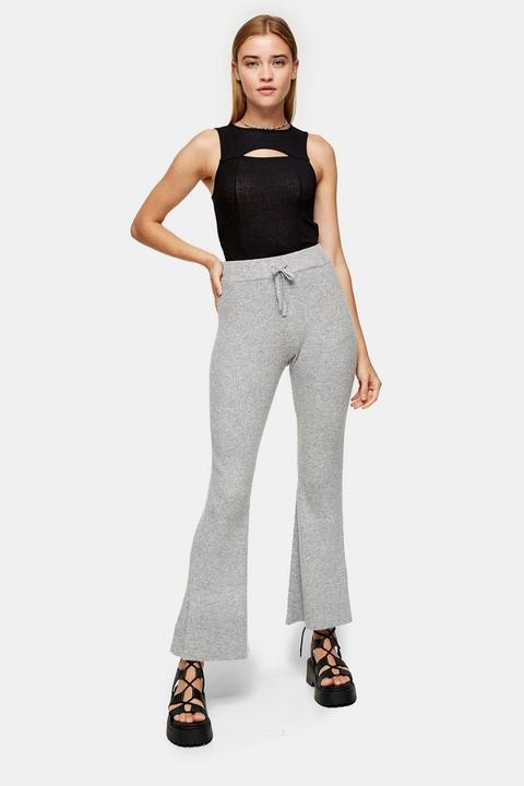 Grey Marl Knitted Flare Trousers With Wool