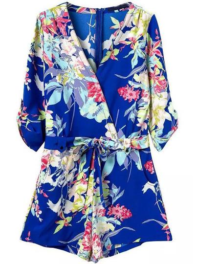 Tuta A Fiori Scollo A V Blu