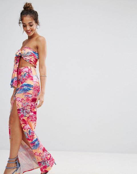 Vestido Largo Palabra De Honor Con Estampado Tropical Y Lazo Delantero De Asos