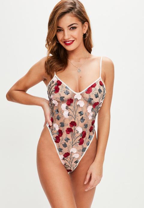 Pink Floral Embroidered Mesh Bodysuit, Pink