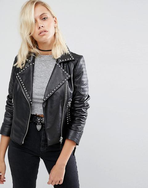 Chaqueta Biker De Cuero Con Detalle De Tachuelas De Asos