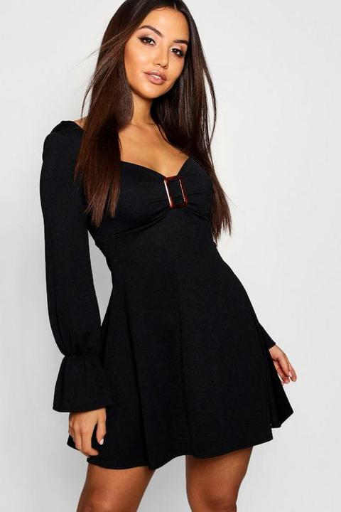 Resin Buckle Flared Sleeve Skater Dress