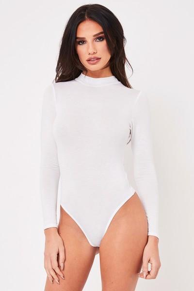 Natasha White High Neck Long Sleeve Bodysuit