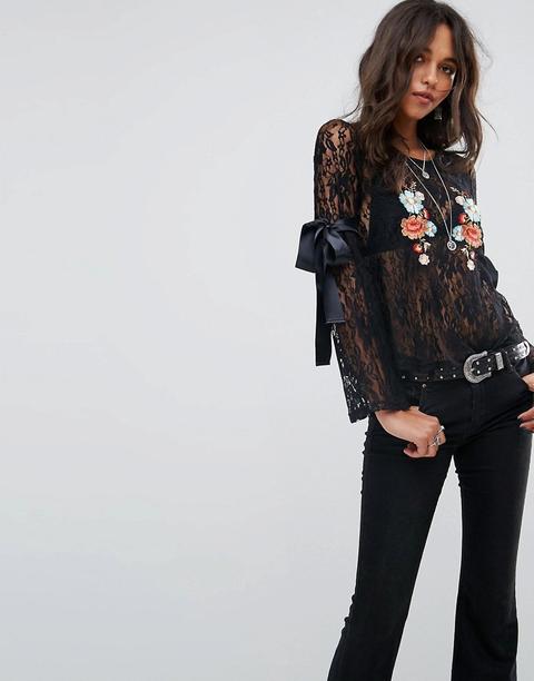 Glamorous - Top A Maniche Lunghe In Pizzo Con Ricami Floreali - Nero