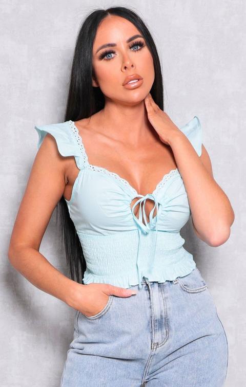 Blue Shrilled Waist Milkmaid Crop Top - Mary